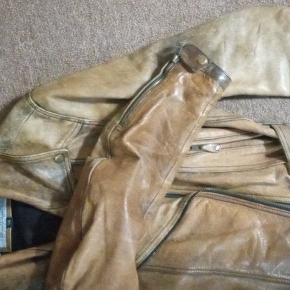 CMM VINTAGE DISTRESSED BELTED 100% LEATHER JACKET LARGE BROWN/TAN - Picture 12 of 13